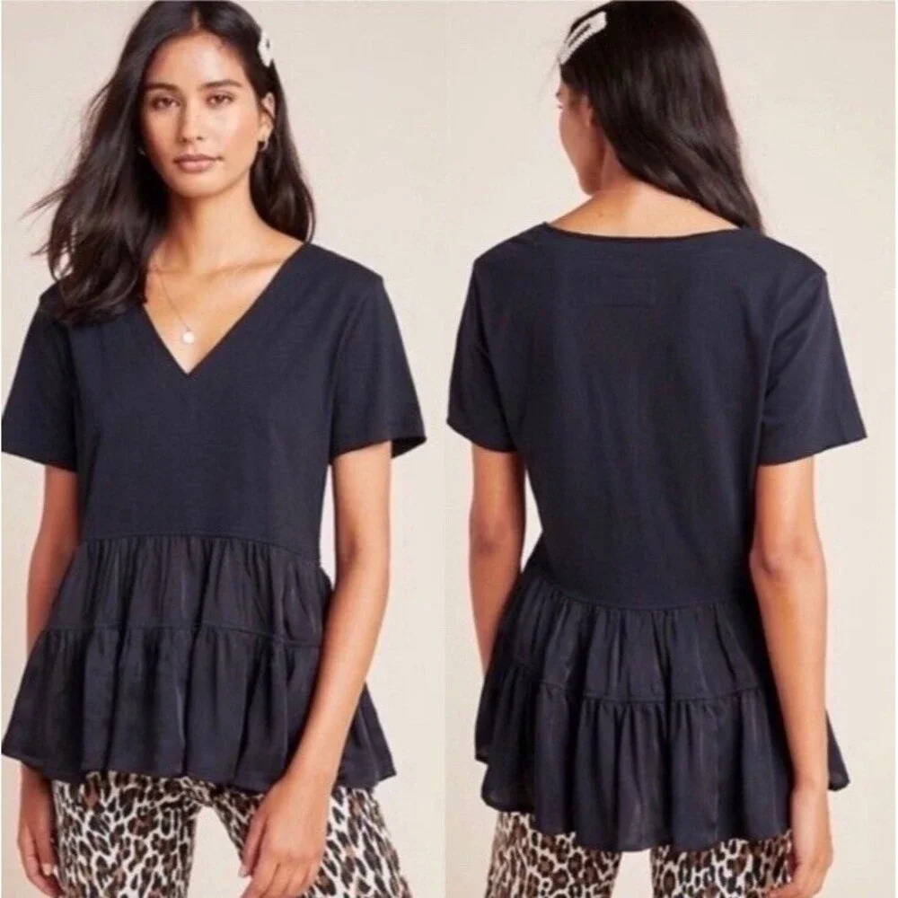 Maeve Anthropologie V Neck Ruffle Tiered Top Short Sleeve Blue‎ Size Small